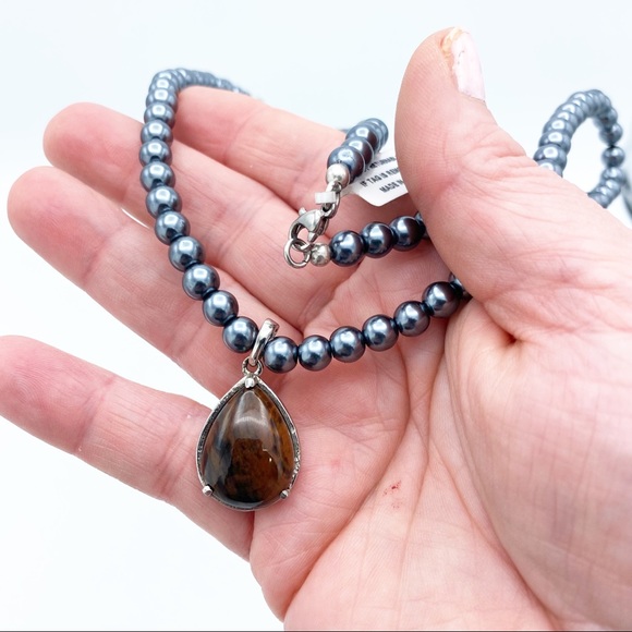 NEW India Faux Tahitian Pearl 316L Stainless Steel Stone Pendant Necklace - Picture 15 of 16